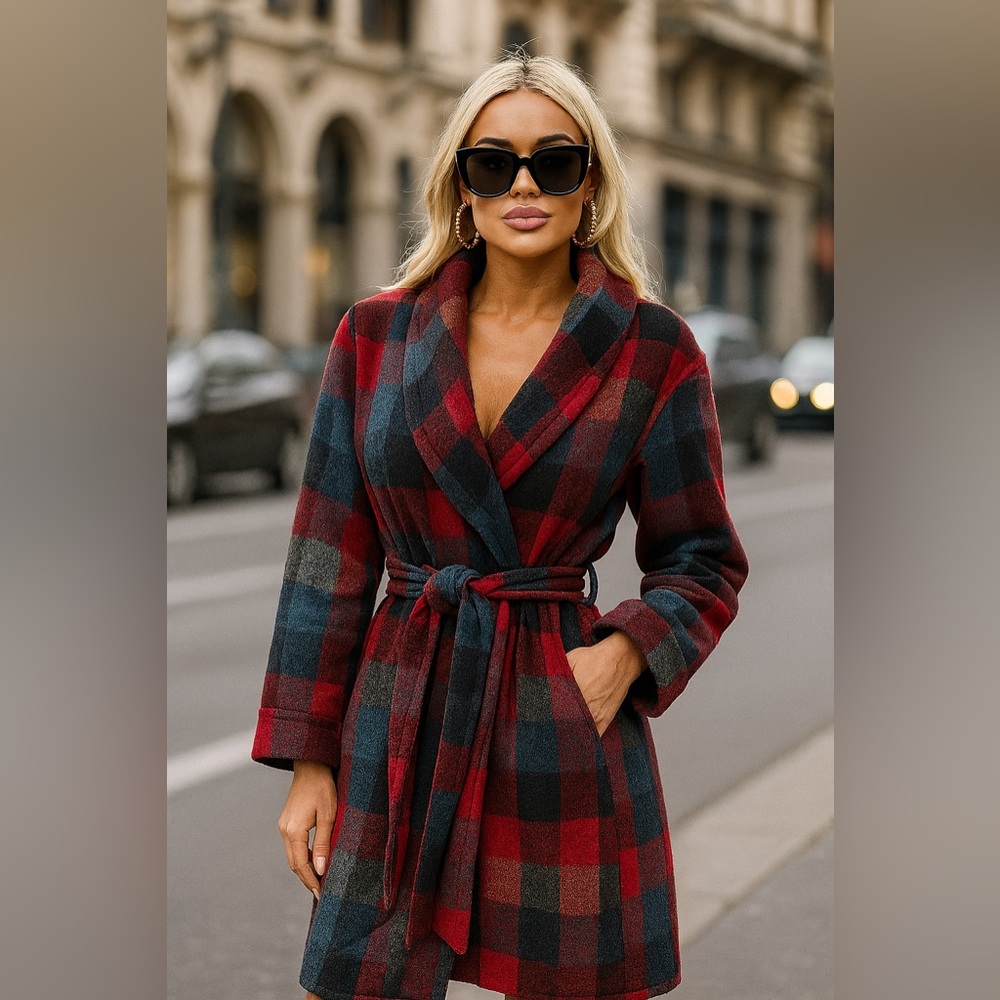 Marc Jacobs Blue Check Wool Wrap Quilted Coat Sz. M